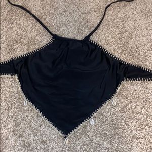 Black bikini with white stitching & cowrie shells